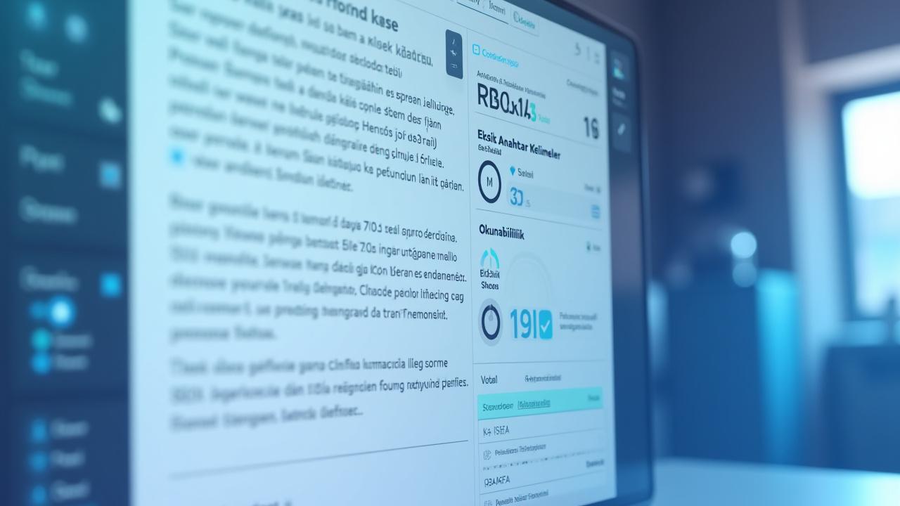 Kozmos Rapor'un yapay zeka destekli içerik editörü arayüzü, metin düzenleme alanı ve sağda SEO metrikleri (İçerik Skoru, Eksik Anahtar Kelimeler, Okunabilirlik) gösteren interaktif bir simülasyon.
