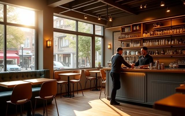 Modern ve davetkar bir Kadıköy kafesinin iç mekan görüntüsü, gülümseyen bir barista kahve hazırlarken